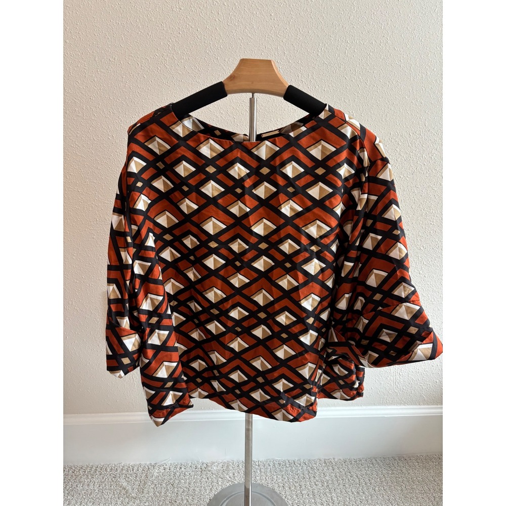 Chico's Black Label Silk Blouse Women 1 Orange Geometric Mod 3/4‎ Sleeve Top